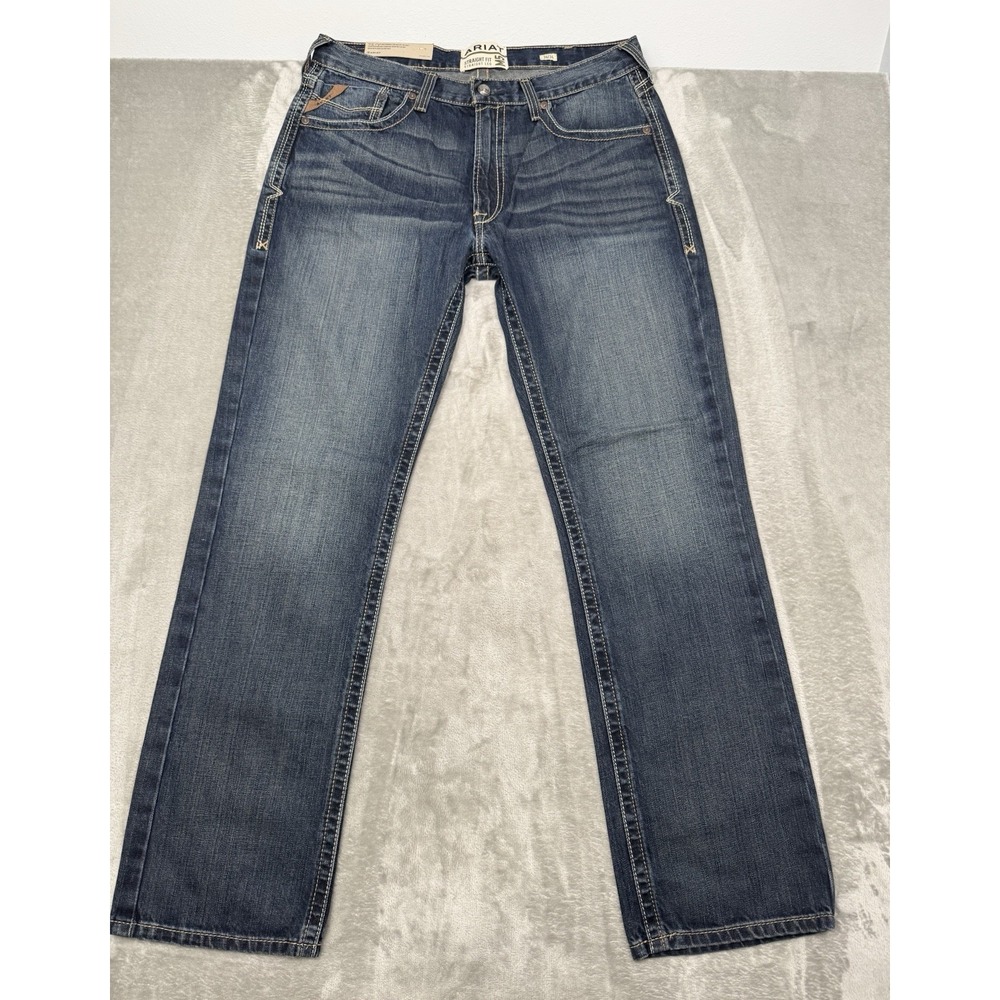 Ariat M5 Jeans Mens 36x34 Straight Leg Blue Denim Whiskers Western Cowboy Rodeo